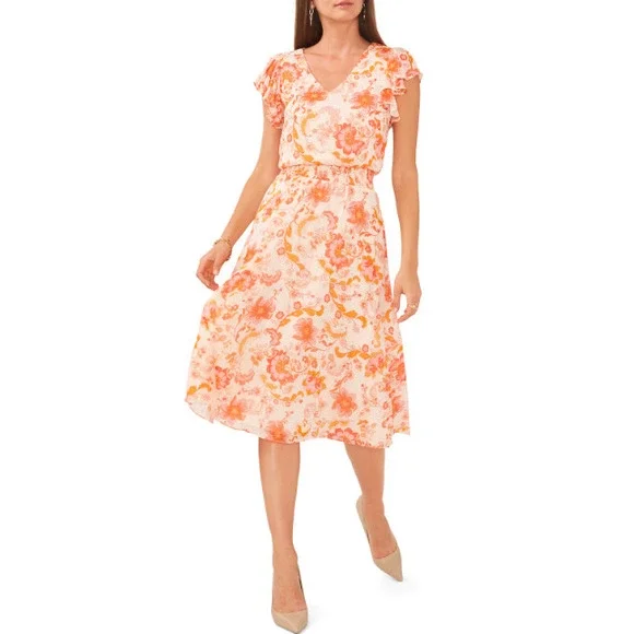 Vince Camuto Women's Cap Sleeve V-Neck Floral Dress, Orange, Small
